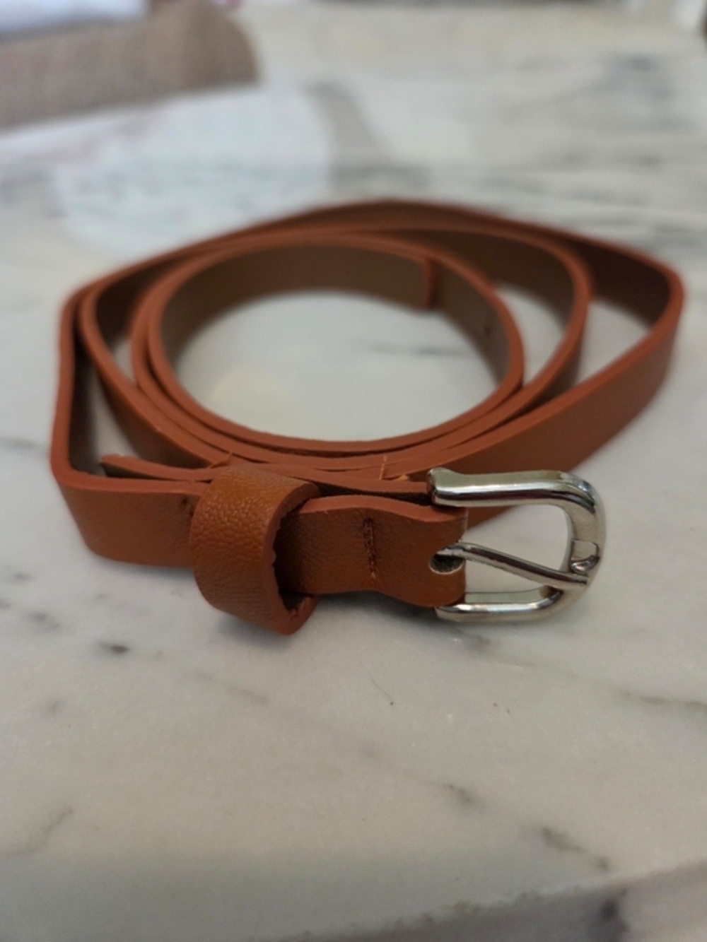 Women's Thin Faux Leather Belt in Tan -For A Size Large
